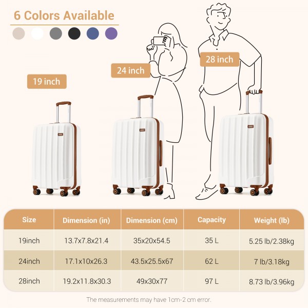 K1773-1L - Kono 19/24/28 Inch 3 Piece Set Striped ABS+PC Hard Shell Luggage with 360-Degree Spinner Wheels - Cream