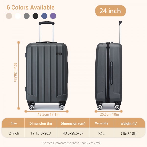 K1773-1L - Kono 24 Zoll Gestreift ABS+PC-Hartschale Reisegepäck mit 360-Grad-Spinner-Rädern - Grau