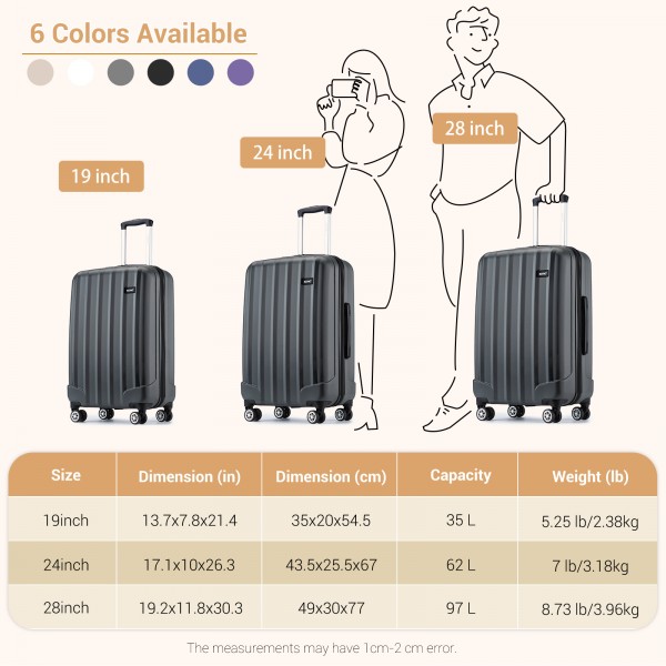 K1773-1L - Kono 19/24/28 Inch 3 Piece Set Striped ABS+PC Hard Shell Luggage with 360-Degree Spinner Wheels - Grey