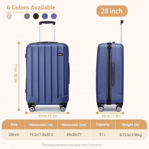 K1773-1L - Kono 28 Zoll Gestreift ABS+PC-Hartschale Reisegepäck mit 360-Grad-Spinner-Rädern - Marineblau