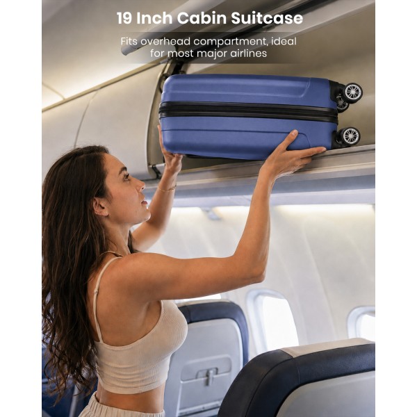 K1773-1L - Kono 19 Inch Cabin Size ABS+PC Hard Shell Luggage with Vertical Stripes - Ideal for Carry-On - Navy