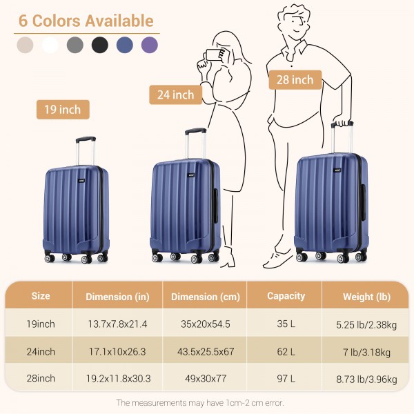 K1773-1L - Kono 19/24/28 Inch 3 Piece Set Striped ABS+PC Hard Shell Luggage with 360-Degree Spinner Wheels - Navy