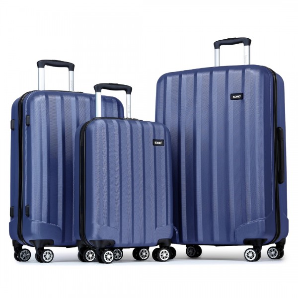 K1773-1L - Kono 19/24/28 Inch 3 Piece Set Striped ABS+PC Hard Shell Luggage with 360-Degree Spinner Wheels - Navy