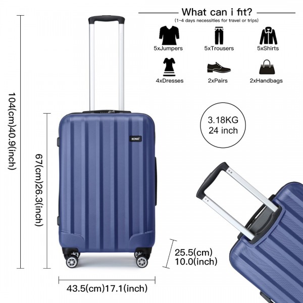 K1773-1L - Kono 19/24/28 Inch 3 Piece Set Striped ABS+PC Hard Shell Luggage with 360-Degree Spinner Wheels - Navy