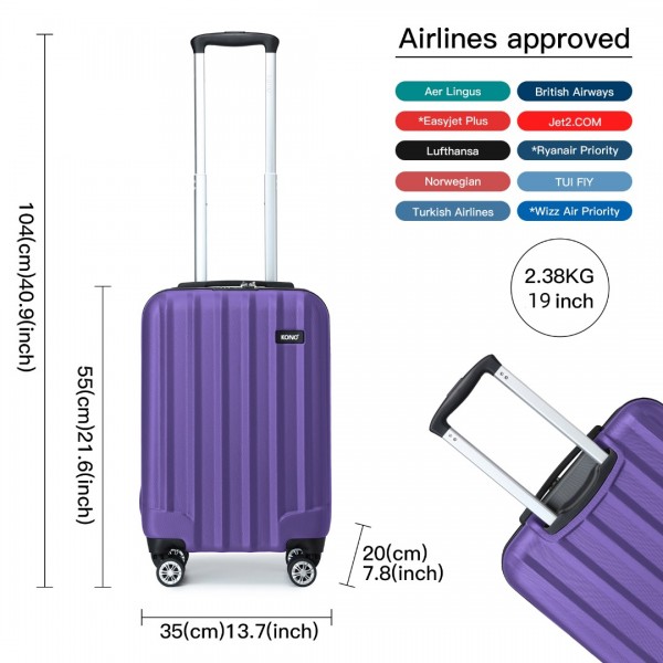 K1773-1L - Kono 19 Inch Cabin Size ABS+PC Hard Shell Luggage with Vertical Stripes - Ideal for Carry-On - Purple