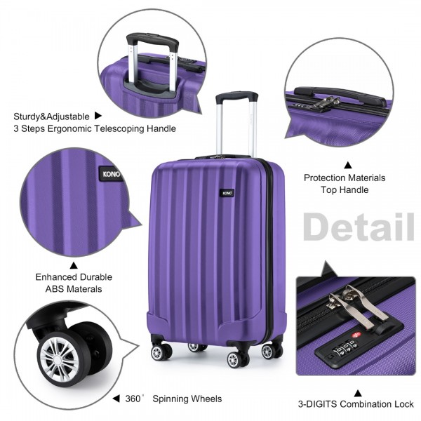 K1773-1L - Kono 19 Inch Cabin Size ABS+PC Hard Shell Luggage with Vertical Stripes - Ideal for Carry-On - Purple