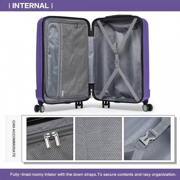K1773-1L - Kono 19 Inch Cabin Size ABS+PC Hard Shell Luggage with Vertical Stripes - Ideal for Carry-On - Purple
