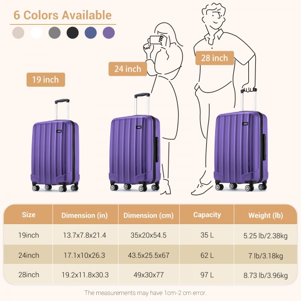 K1773-1L - Kono 19/24/28 Inch 3 Piece Set Striped ABS+PC Hard Shell Luggage with 360-Degree Spinner Wheels - Purple