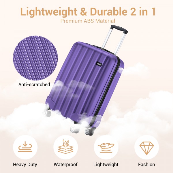 K1773-1L - Kono 19 Inch Cabin Size ABS+PC Hard Shell Luggage with Vertical Stripes - Ideal for Carry-On - Purple