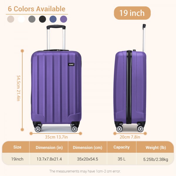 K1773-1L - Kono 19 Inch Cabin Size ABS+PC Hard Shell Luggage with Vertical Stripes - Ideal for Carry-On - Purple