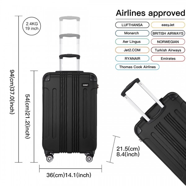 K1777-1L - Kono 19 Inch ABS Lightweight Compact Hard Shell Cabin Suitcase Travel Carry-On Luggage - Black