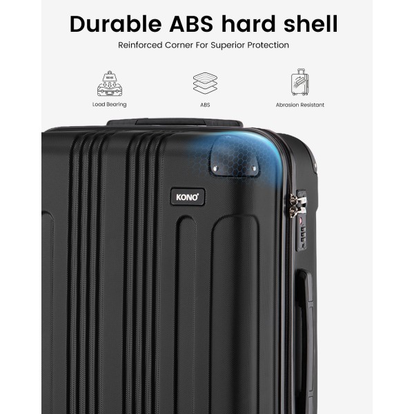 K1777-1L - Kono 24 Zoll ABS Leichtes Gewicht Kompakt Hartschale Reisegepäck Für ausgedehnte Reisen - Schwarz