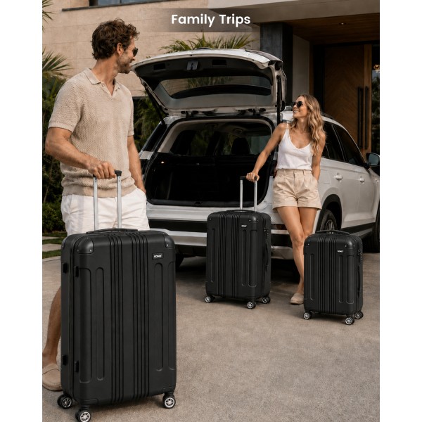 K1777-1L - Kono 19/24/28 Inch 3 Piece Set ABS Lightweight Compact Hard Shell Travel Luggage - Black