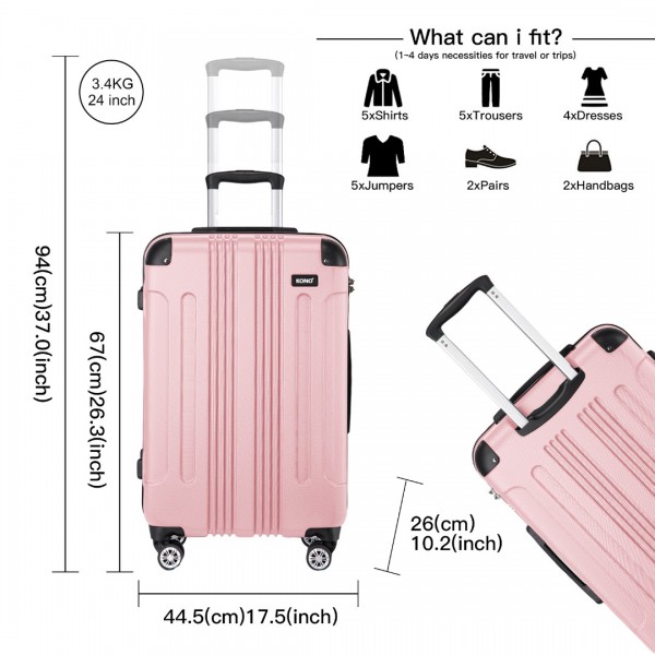 K1777-1L - Kono 19/24/28 Inch 3 Piece Set ABS Lightweight Compact Hard Shell Travel Luggage - Pink