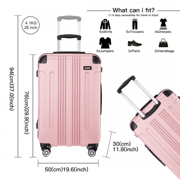 K1777-1L - Kono 19/24/28 Inch 3 Piece Set ABS Lightweight Compact Hard Shell Travel Luggage - Pink