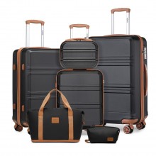 K1871-1L+EA2212 - Kono 6 pièces ABS Set de valises Avec 4 roues Incluant Vanity Case Sac de week-end et Trousse de toilette - Noir et Marron