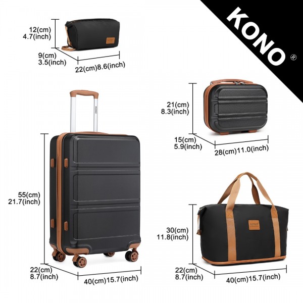 K1871-1L+EA2212 - Kono ABS 4 Wheel Suitcase Set With Vanity Case And Weekend Bag And Toiletry Bag - Black And Brown