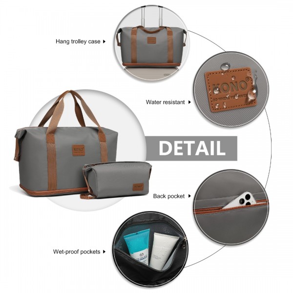K1871-1L+EA2212 - Kono ABS 4 Wheel Suitcase Set With Vanity Case And Weekend Bag And Toiletry Bag - Grey And Brown