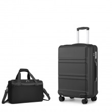 K1871-1L+EA2321 - Kono ABS 20 Inch Sculpted Horizontal Design 2 Piece Suitcase Set With Cabin Bag - Black