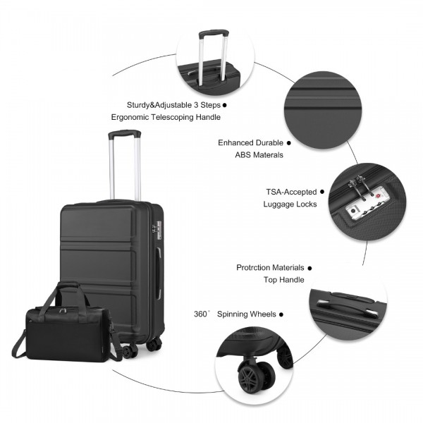 K1871-1L+EA2321 - Kono ABS 24 Inch Sculpted Horizontal Design 2 Piece Suitcase Set With Cabin Bag - Black