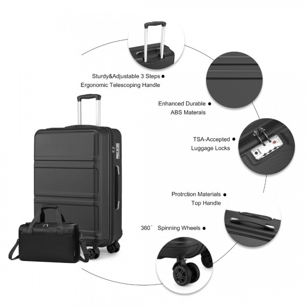 K1871-1L+EA2321 - Kono ABS 28 Inch Sculpted Horizontal Design 2 Piece Suitcase Set With Cabin Bag - Black