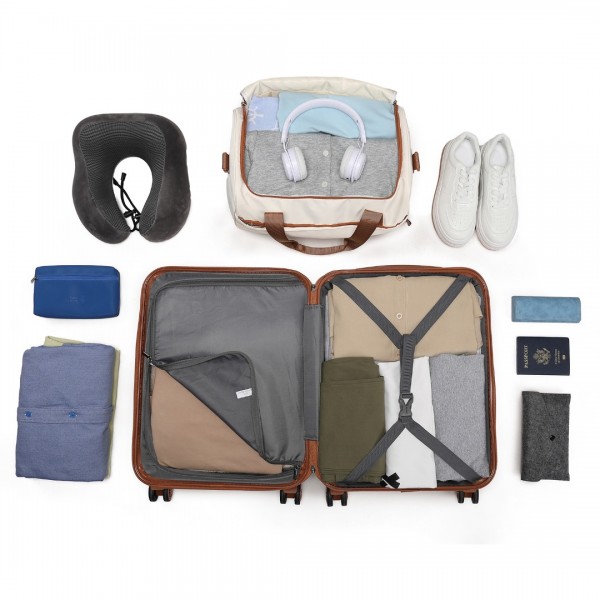 K1871-1L+EA2321 - Kono ABS 20 Inch Sculpted Horizontal Design 2 Piece Suitcase Set With Cabin Bag - Cream