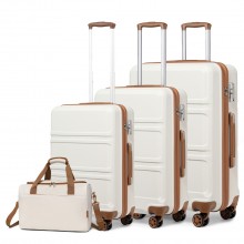 K1871-1L+EA2321 - Kono ABS Sculpted Horizontal Design 4 Piece Suitcase Set With Cabin Bag - Cream