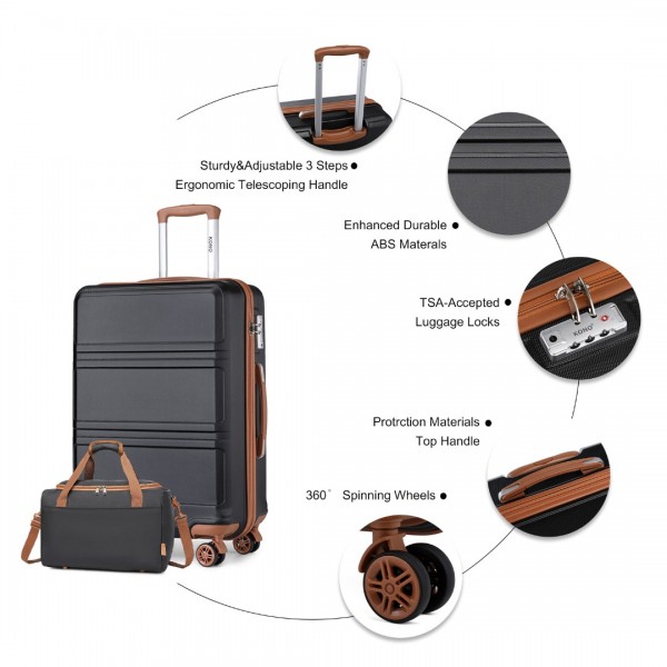 K1871-1L+EA2321 - Kono ABS 28 Inch Sculpted Horizontal Design 2 Piece Suitcase Set With Cabin Bag - Black And Brown