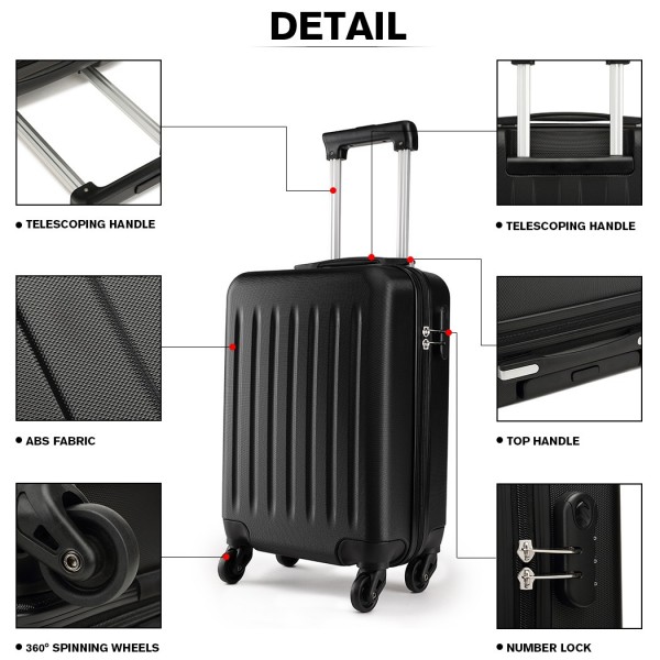 K1872L - Kono 19 Inch ABS Hard Shell Carry On Luggage 4 Wheel Spinner Suitcase - Black