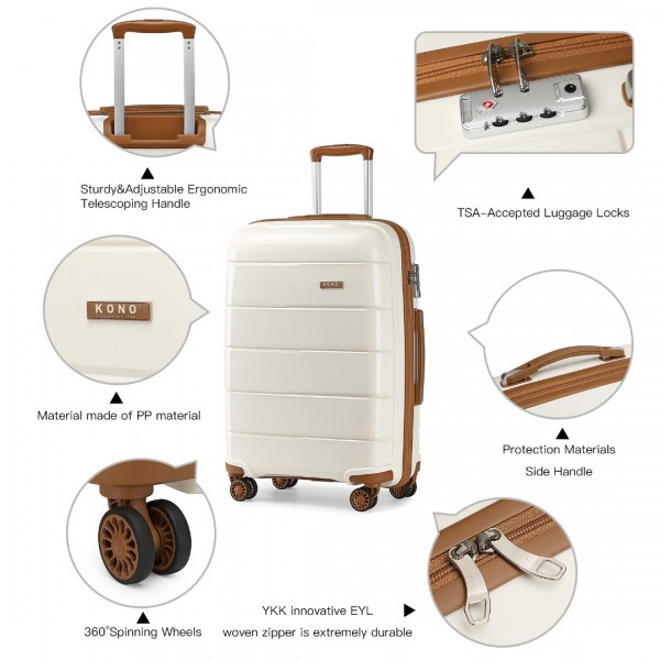 K1997L - KONO 20-24-28” HARD SHELL PP SUITCASE SET - CREAM