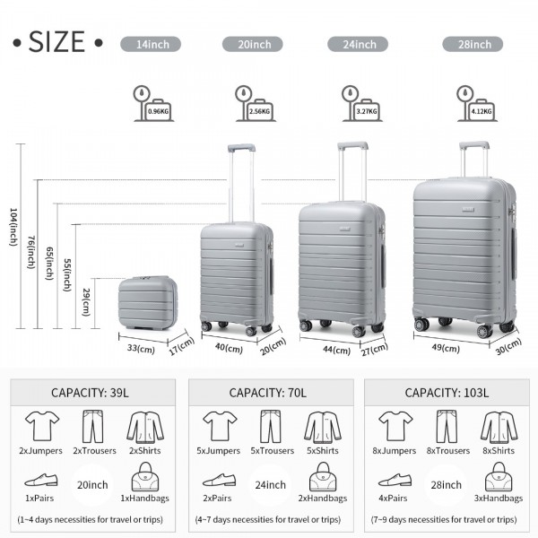 K2091L - Kono Multi Texture Hard Shell PP Suitcase With TSA Lock And Vanity Case 4 Pieces Set - Classic Collection - Grey