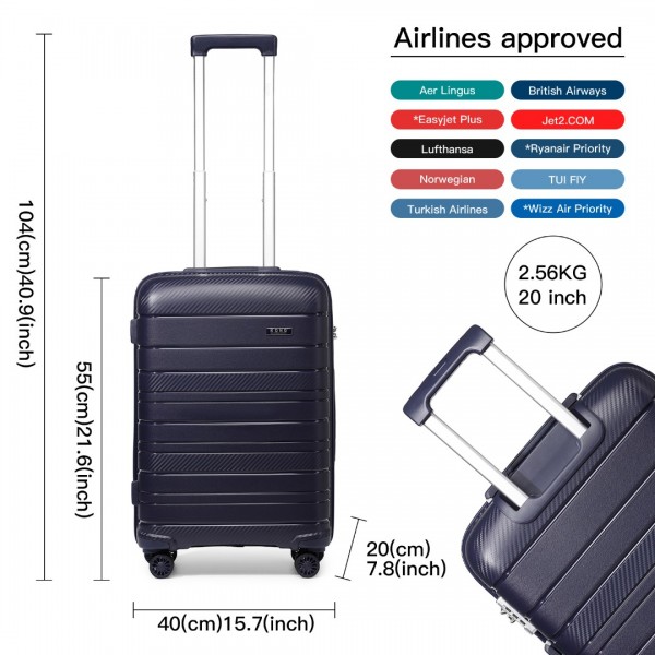 K2091L - Kono 20 Inch Multi Texture Hard Shell PP Suitcase - Classic Collection - Navy