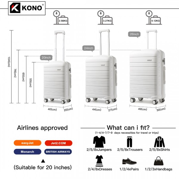 K2091L - Kono Multi Texture Hard Shell PP Suitcase 3 Pieces Set - Classic Collection - White