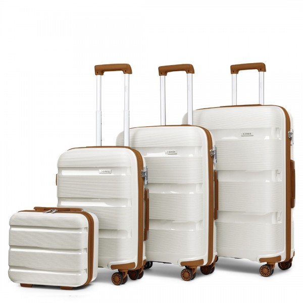 K2092L - Kono Bright Hard Shell PP Suitcase With TSA Lock And Vanity Case 4 Pieces Set - Classic Collection - Cream