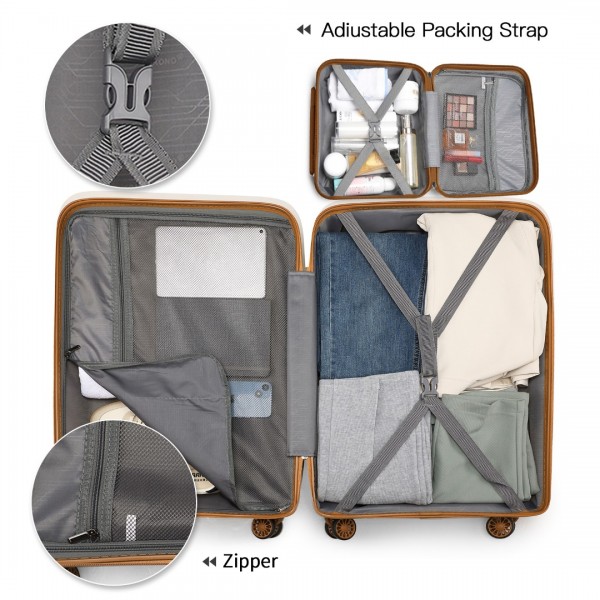 K2092L - Kono Bright Hard Shell PP Suitcase With TSA Lock And Vanity Case 4 Pieces Set - Classic Collection - Cream