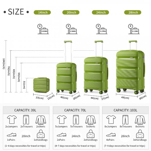 K2092L - Kono Bright Hard Shell PP Suitcase With TSA Lock And Vanity Case 4 Pieces Set - Classic Collection - Green