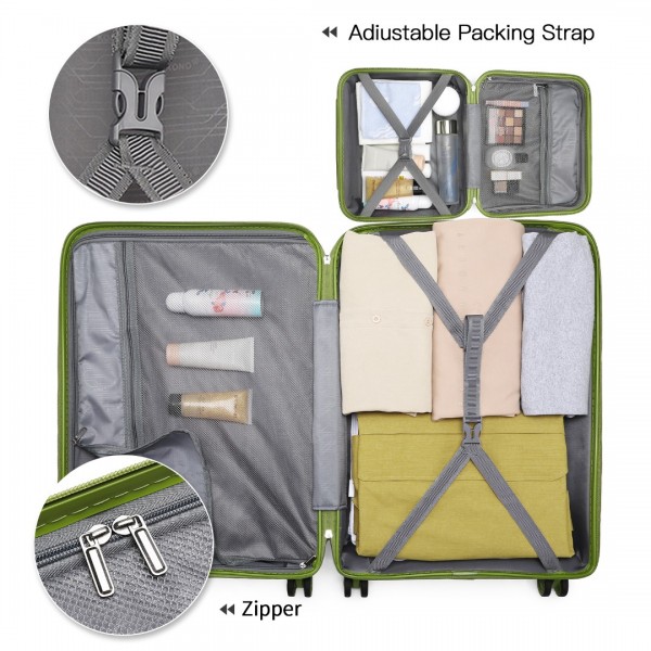 K2092L - Kono Bright Hard Shell PP Suitcase With TSA Lock And Vanity Case 4 Pieces Set - Classic Collection - Green