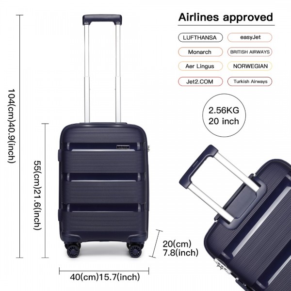 K2092L - Kono 20 Inch Bright Hard Shell PP Carry-On Suitcase In Cabin Size - Navy