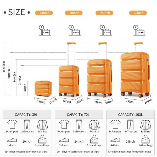 K2092L - Kono Bright Hard Shell PP Suitcase With TSA Lock And Vanity Case 4 Pieces Set - Classic Collection - Orange