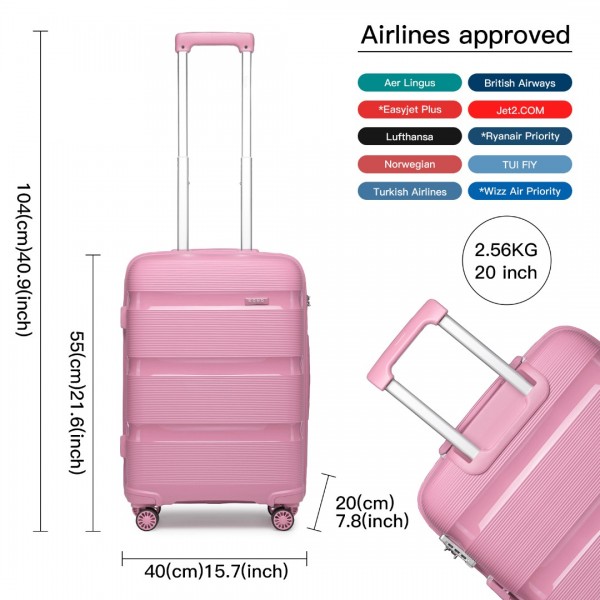 K2092L - Kono 20 Inch Bright Hard Shell PP Carry-On Suitcase In Cabin Size - Pink