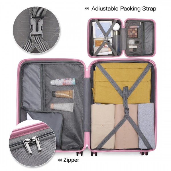K2092L - Kono Bright Hard Shell PP Suitcase With TSA Lock And Vanity Case 4 Pieces Set - Classic Collection - Pink