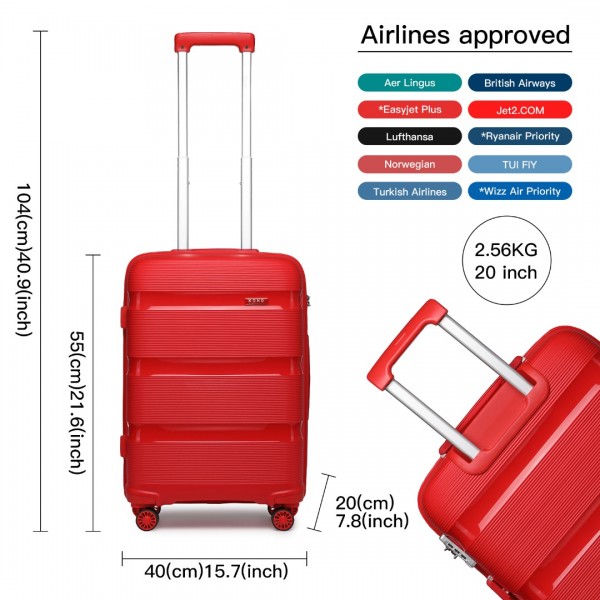 K2092L - Kono 20 Inch Bright Hard Shell PP Carry-On Suitcase In Cabin Size - Red
