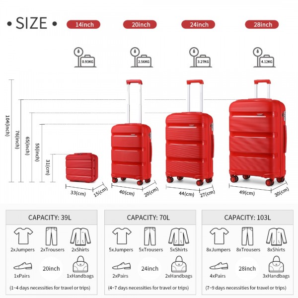 K2092L - Kono Helles Hartschale PP-Koffer Mit TSA-Schloss und Schminkkoffer 4er Set - Klassische Kollektion - Rot
