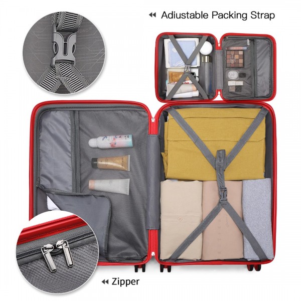 K2092L - Kono Helles Hartschale PP-Koffer Mit TSA-Schloss und Schminkkoffer 4er Set - Klassische Kollektion - Rot