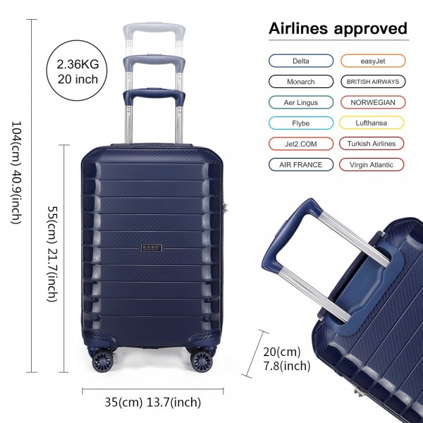 K2093 - Kono Cabin Size Classic Collection Polypropylene Luggage with Charging Interface - Navy Blue