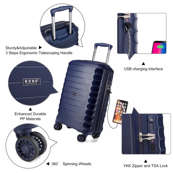 K2093 - Kono Cabin Size Classic Collection Polypropylene Luggage with Charging Interface - Navy Blue