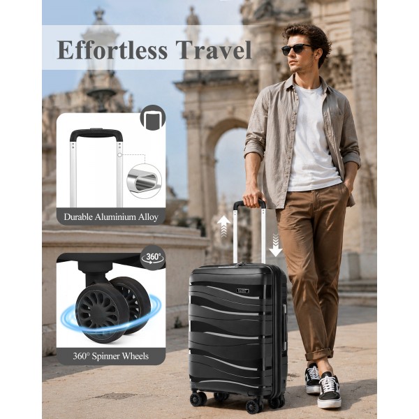 K2094L - Kono 14/20 Inch Lightweight Polypropylene Hard Shell 2 Piece Suitcase Set With TSA Lock And Vanity Case - Black