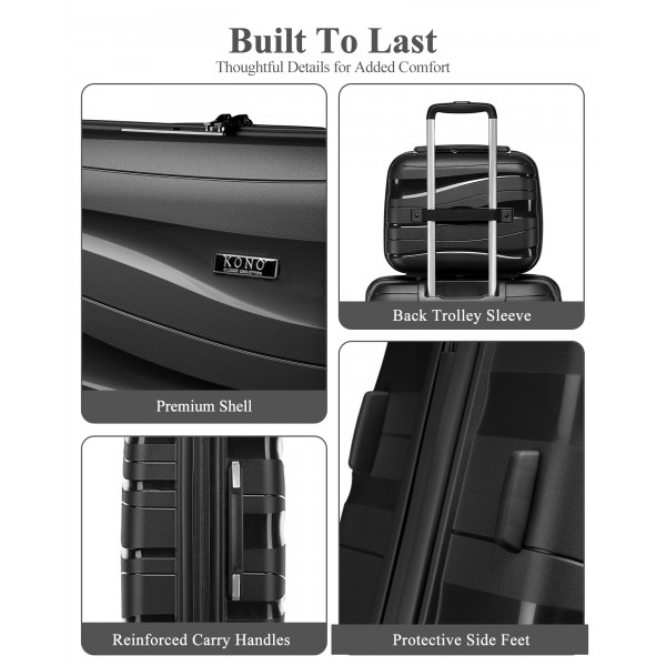 K2094L - Kono 14/20 Inch Lightweight Polypropylene Hard Shell 2 Piece Suitcase Set With TSA Lock And Vanity Case - Black