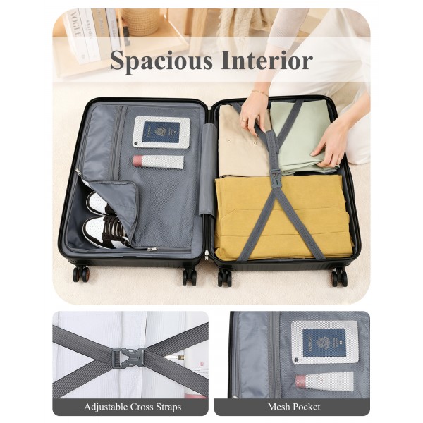 K2094L - Kono 14/20 Inch Lightweight Polypropylene Hard Shell 2 Piece Suitcase Set With TSA Lock And Vanity Case - Black