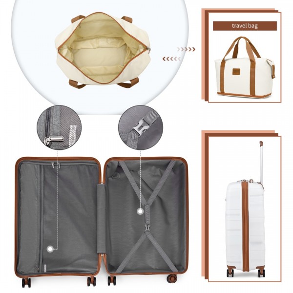 K2094L+EA2212 - Kono 20 Inch Polypropylene Cabin Size Suitcase Included Vanity Case And Weekend Bag and Toiletry Bag 4 Piece Travel Set - Cream